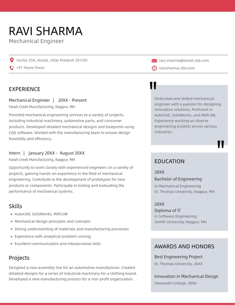 Black, white, and red professional resume for a mechanical engineer with a sans serif font