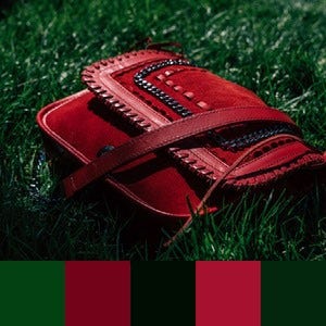 A color palette created from an image of a red bag lying in dark green grass
