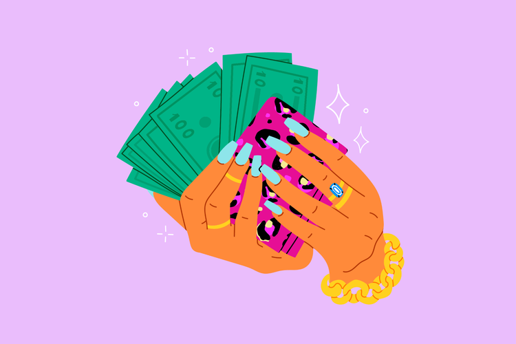 Icon of two hands with rings and jewelry holding cash and credit cards