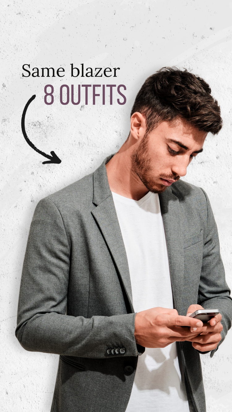 A TikTok titled "Same blazer 8 outfits" with an arrow pointing to a person wearing a light gray blazer and looking at a phone