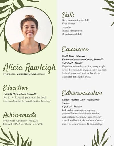 Green Foliage Alicia Rawleigh Resume