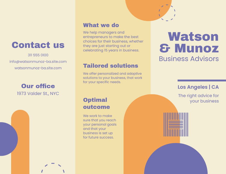 A brochure for Watson & Munoz business advisors written with geometric headers and a friendly body text