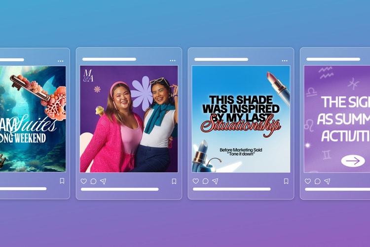 5 social media trends for July header image featuring Instagram posts over a blue to purple gradient background