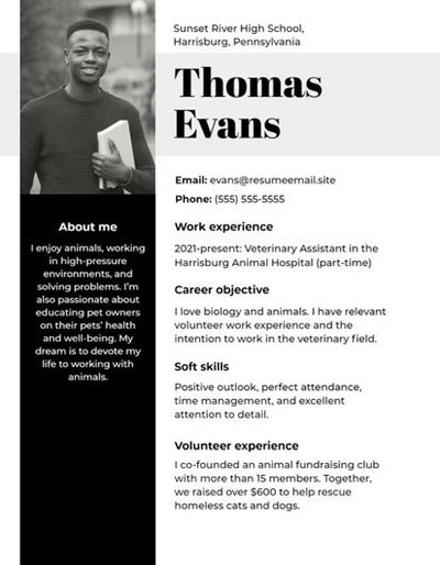 Black White High School Student Simple Resume