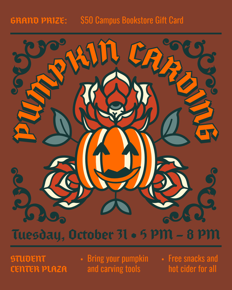 Pumpkin carving template with illustrated pumpkin