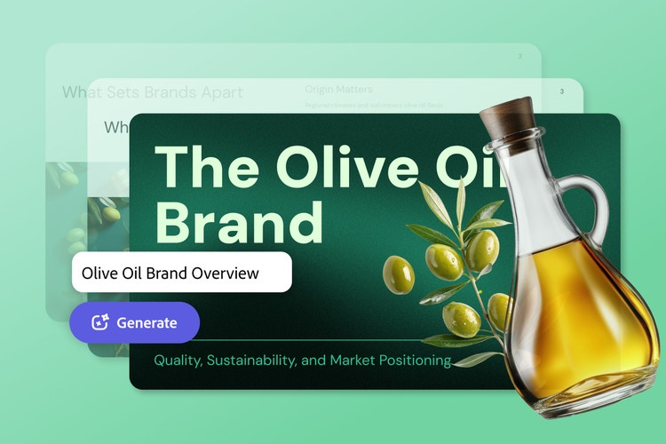 header image depicting a generated slide show entitled The Olive Oil Brand with a bottle of olive oil and a green background