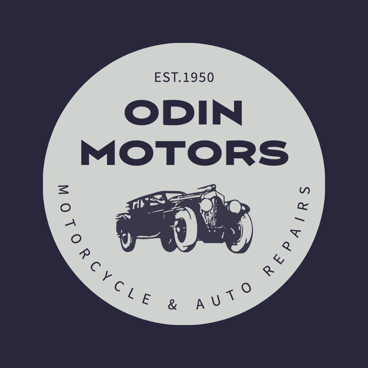 "Odin Motors – motorcycle & auto repairs" ad with a graphic of an old-fashioned car