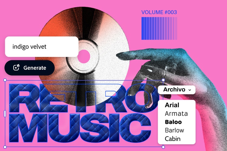 CD, barcode, woman's hand, and a list of fonts all over a hot pink background.