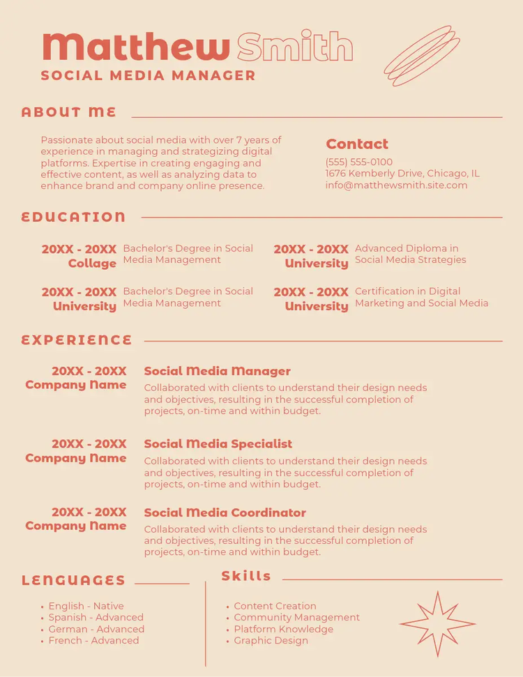 Orange and beige creative resume for a social media manager with sans serif fonts