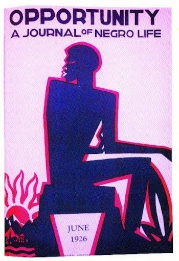 Aaron Douglas' June 1926 cover of Opportunity with the dark blue silhouette of a man in profile, outline in dark pink, with a lighter pink background. The sun, Egyptian pyramids, and other building are layered at the bottom left corner. The Magazine's title is placed across the top and the edition is centered at the bottom.