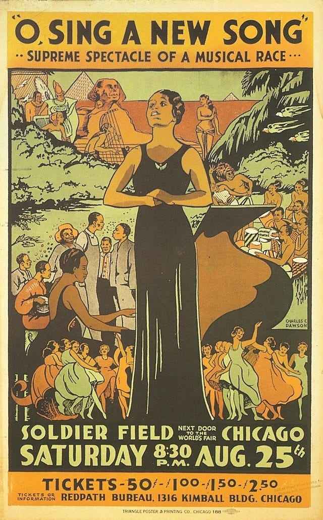 Charles Dawson's 1933 poster for "O Sing a New Song" with dark-skinned woman wearing a black gown at center holding her hands together at her waist. Vignettes featuring other dark-skinned people wearing clothes of different cultures and time periods are placed throughout a green landscape. Text description of the event is placed at the top and bottom of the poster.