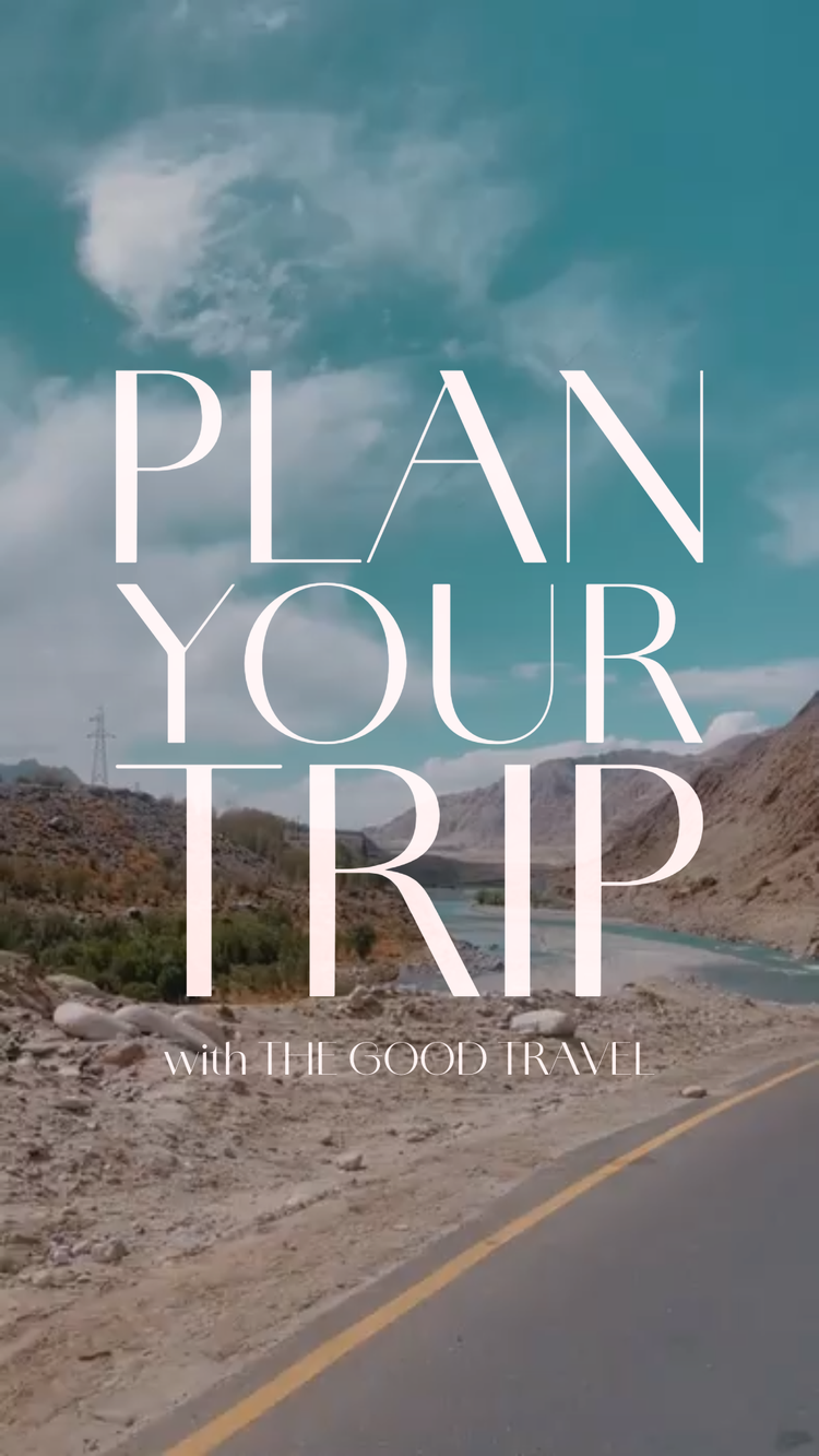 open road and blue sky with text overlay saying "plan your trip"