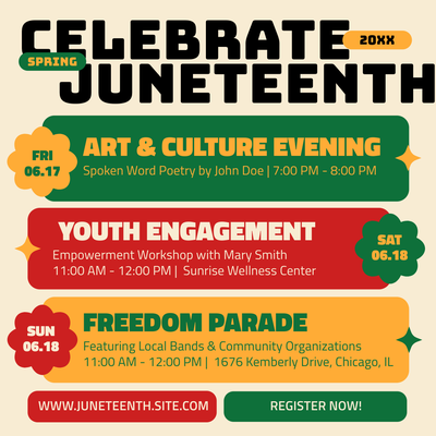 Celebrate juneteenth event advertisement in green yellow and red