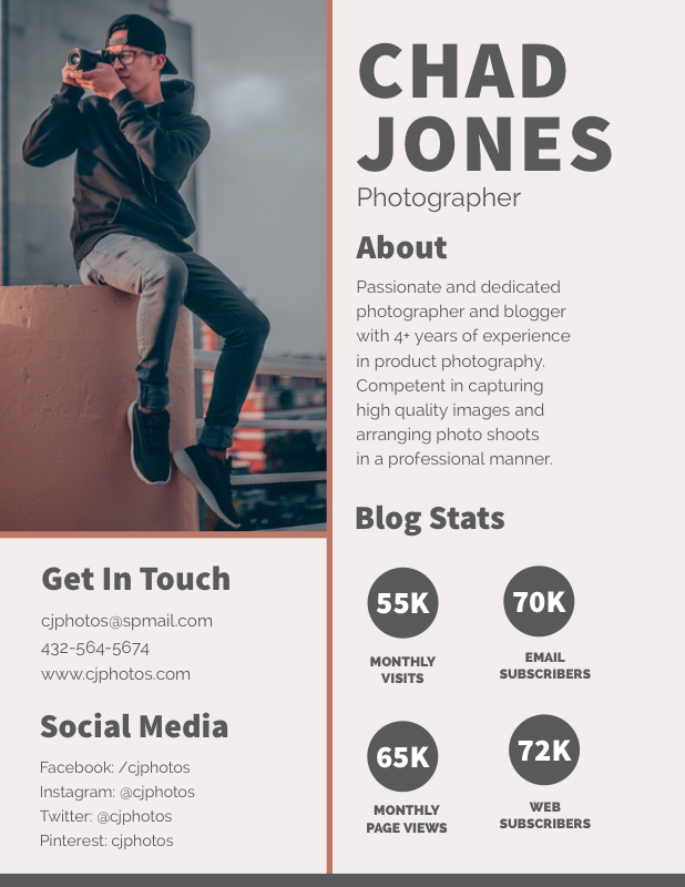 A media kit for a photographer with an about section, blog stats, and how to get in touch