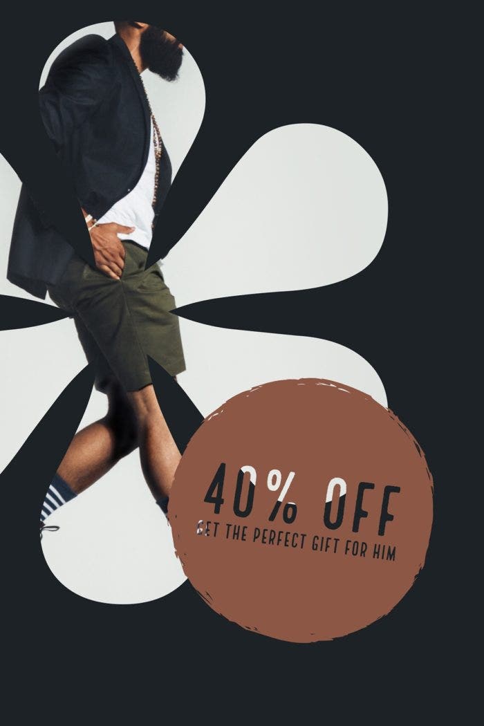 Collage-style ad overlays a flower shape on an individual in stylish clothes.