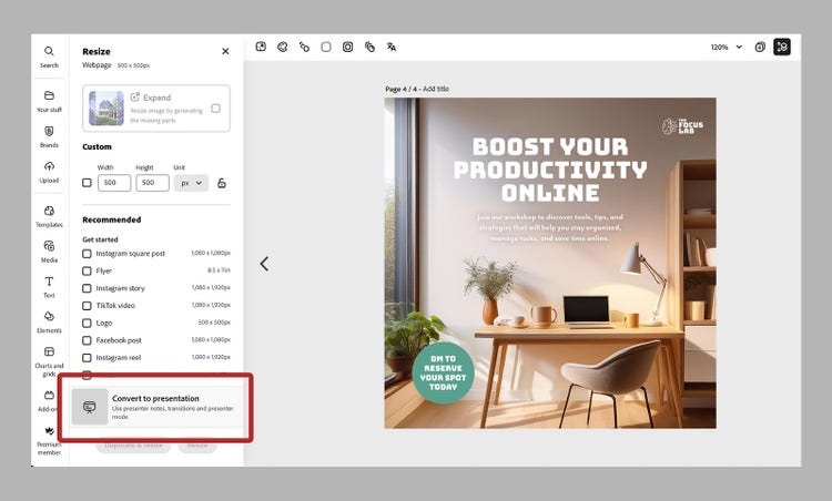 Screenshot of Adobe Express showing how to turn social media templates into presentations