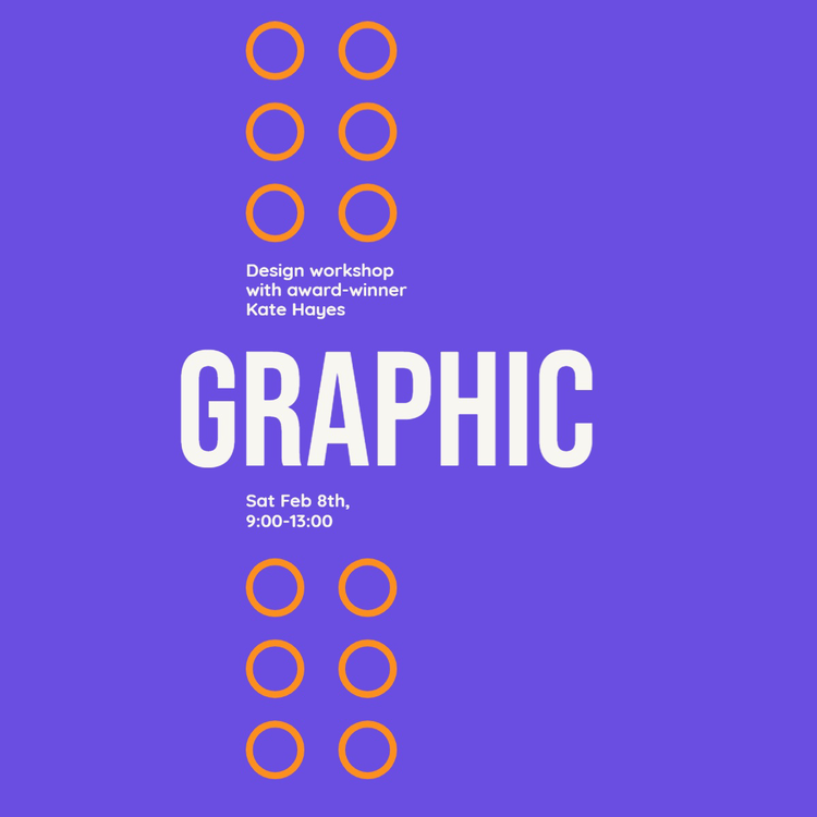 "Design workship – Graphic" paid course Instagram post with event details against a purple background with orange dots