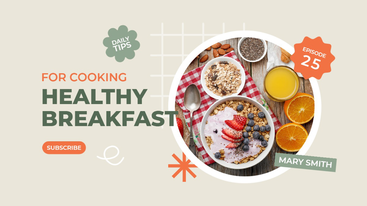 A video thumbnail for a food vlogger titled "For Cooking Healthy Breakfast"