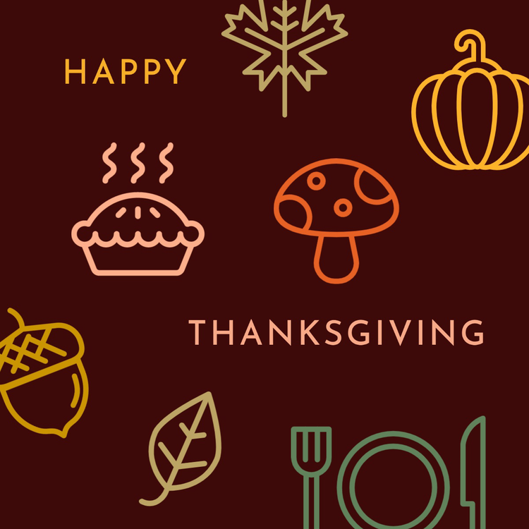 "Happy Thanksgiving" Instagram post with various Thanksgiving icons: a pie, pumpkin, acorn, leaves, and a dinner plate setup