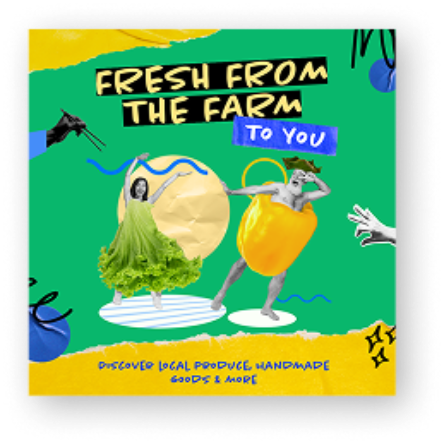 Green and yellow farm-themed graphic with the text