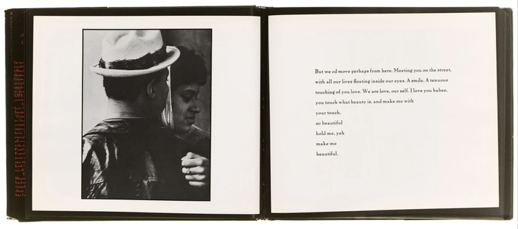 Two pages from a book. The left page shows a framed portrait of a Black woman embracing a Black man whose face is turned away from the camera. The page features text that interprets their romantic relationship.
