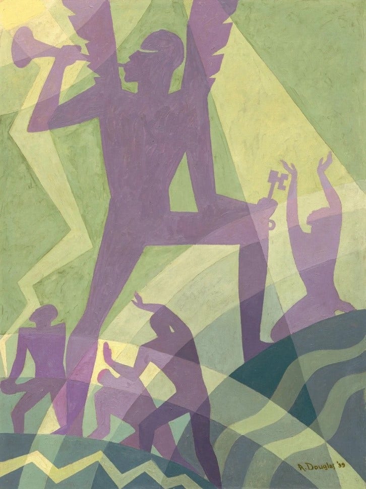 Aaron Douglas' painting The Judgement Day of 1939 with a purple silhouetted angel figure blowing an instrument and holding a key. Four purple figures in the background are standing and kneeling.