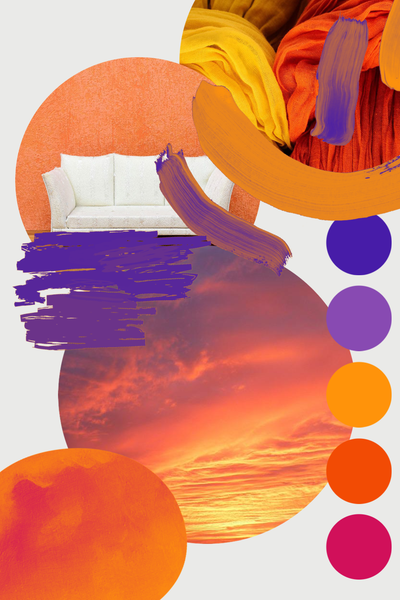 Aesthetic Pinterest pin showing a sunset color palette ranging from dark pink to dark blue with a picture of the sky, a couch, and cloth