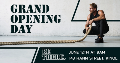 A Facebook Business Page post promoting the grand opening day of a new gym with relevant information