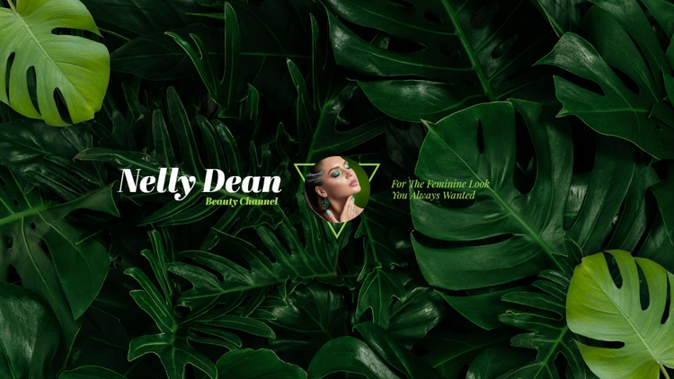 A YouTube banner for Nelly Dean's beauty channel with a close-up of green plant leaves in the background