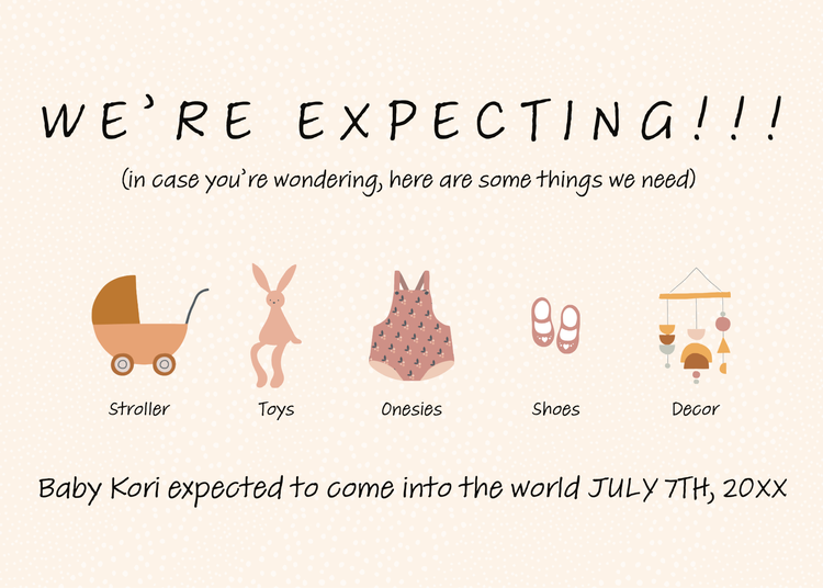 "We're expecting!!! (in case you're wondering, here are some things we need)" pregnancy announcement with graphics of various baby items