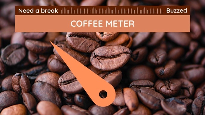 Zoom background of a close up of coffee beans with a Coffee Meter with a that spans from "Need a break" to "Buzzed"