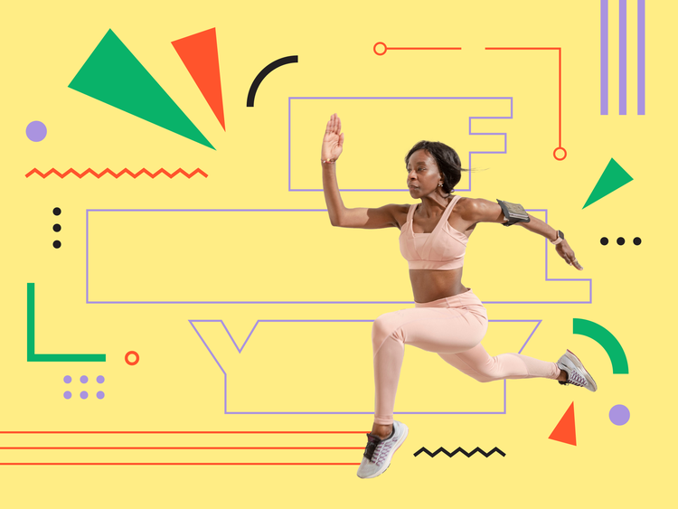 A person running edited onto a yellow background with various colored shapes, lines, and dots and the word "FLY"