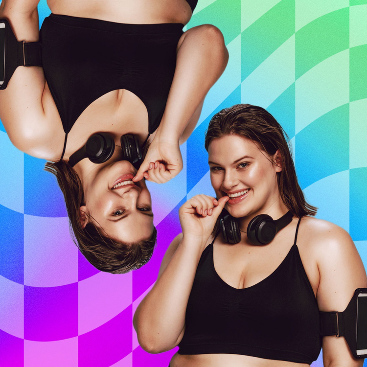 A TikTok profile picture of a person wearing headphones around their neck and smiling against a rainbow gradient background