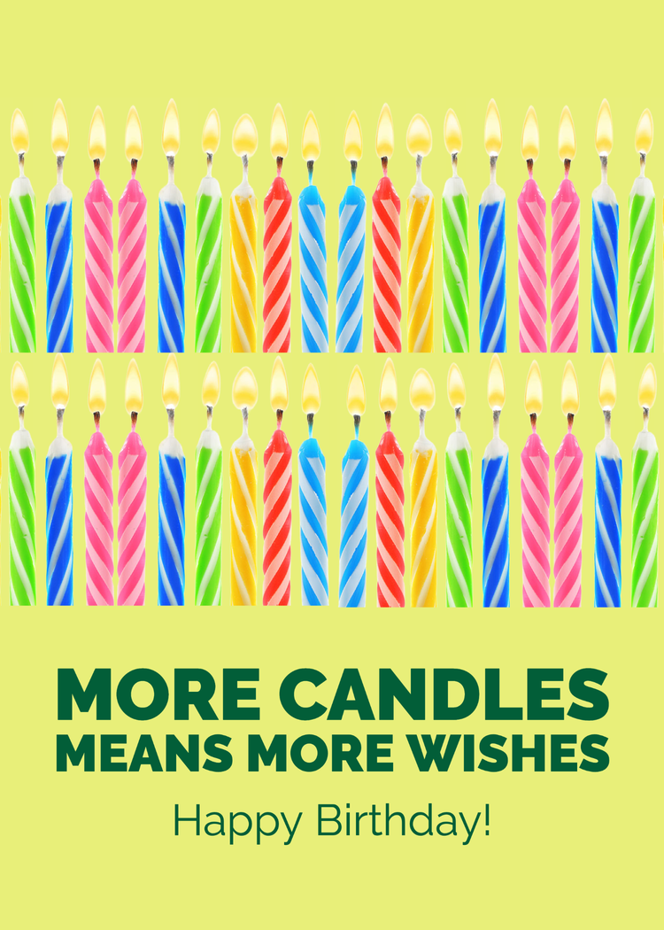 "More candles means more wishes. Happy birthday!" card with 36 multicolored lit candles