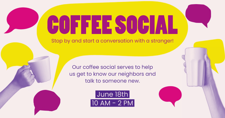A Facebook Business Page promotion for a coffee social icons of speech bubbles and hands holding drinks with relevant event details