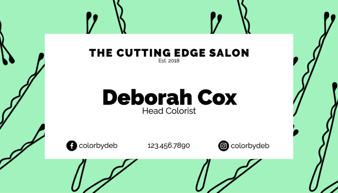 "The Cutting Edge Salon – Deborah Cox" business card with a green bobby pin background and the Instagram logo icon and username