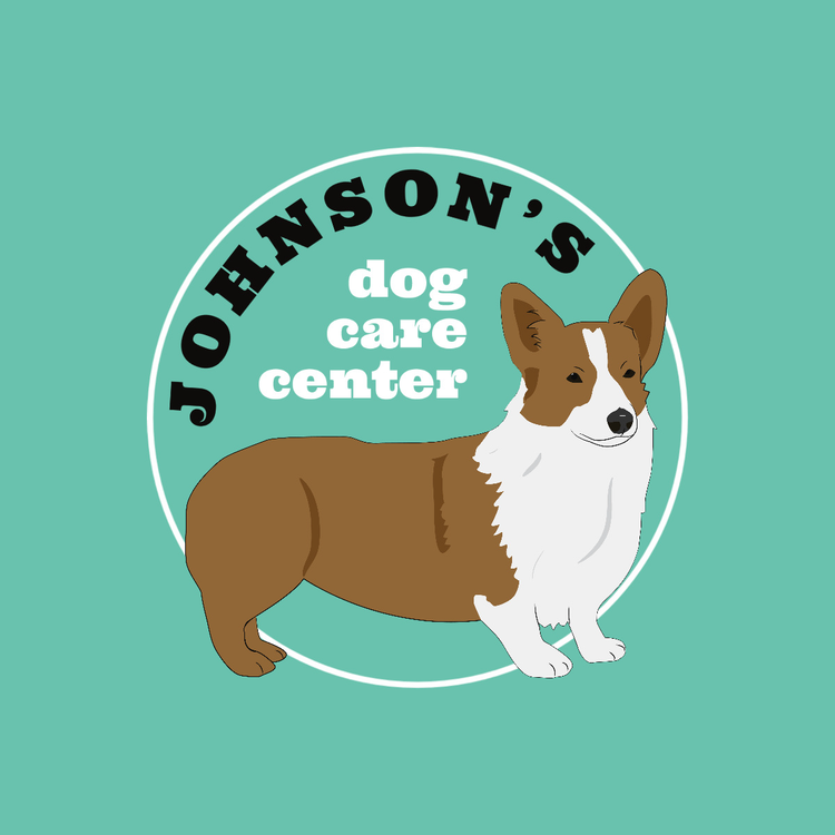 "Johnson's dog care center" logo with a graphic of a corgi
