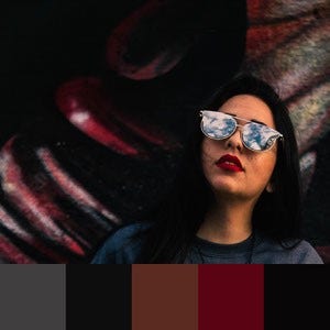 A color palette created from an image of a person wearing dark red lipstick posing against a red, black, brown, and grey backdrop