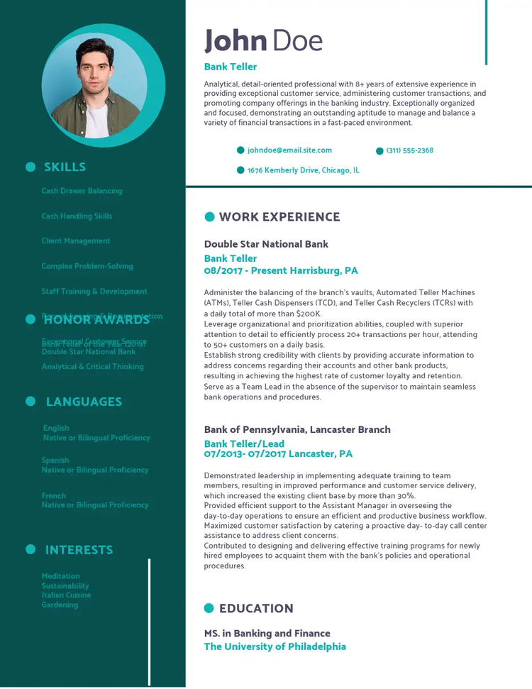 Black, white, and blue professional resume for a bank teller with a sans serif font