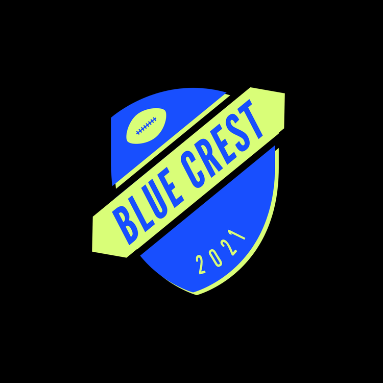 Blue Crest 2021 fantasy football logo written on a green banner spanning a blue shield with a football icon
