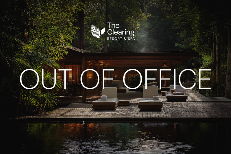 resort spa in the woods with a plunge pool and the words Out of Office overlaid