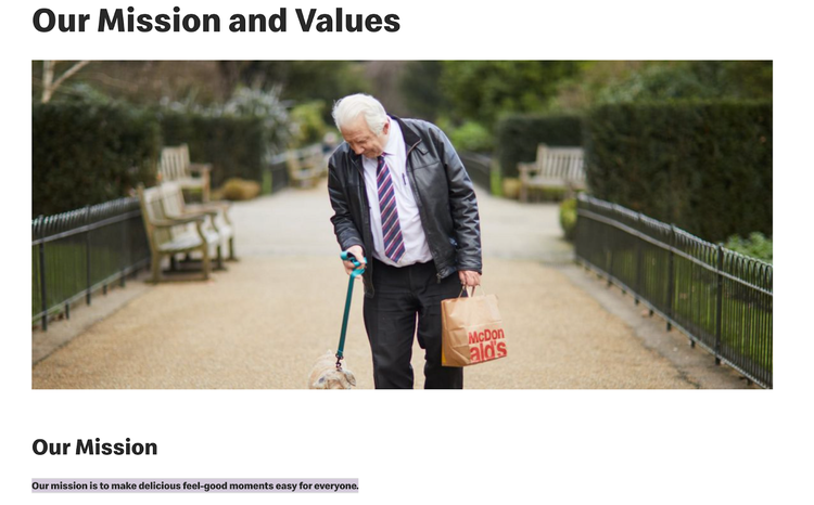 A screenshot of McDonald's mission and values webpage with an image of a person walking a dog and holding a McDonald's bag