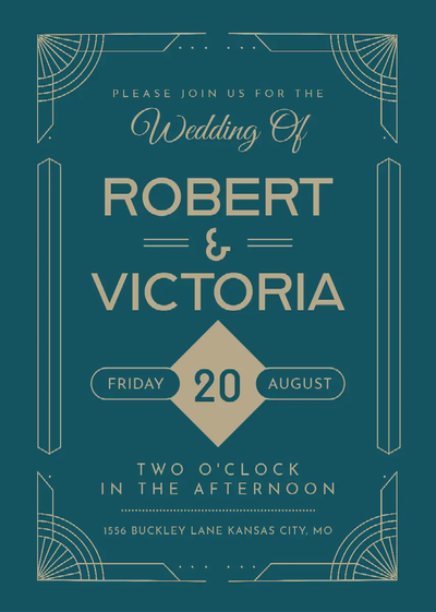 A blue and grey wedding invitation with event details