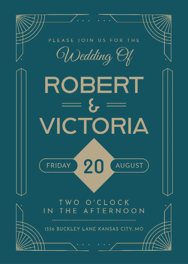 A blue and grey wedding invitation with event details