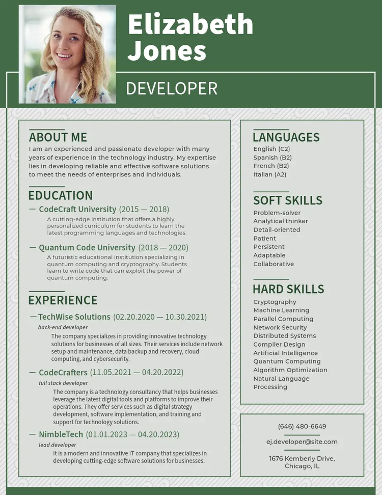 Green and beige professional resume for a developer with a sans serif font