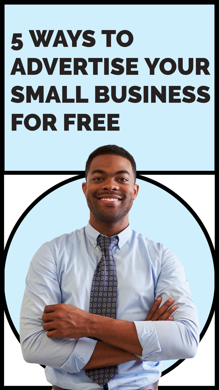 A TikTok social media marketing thumbnail that says "5 ways to advertise your small business for free" with a confident person smiling