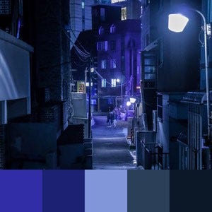A color palette created from an image of a street at nigh lit up by purple and blue lights