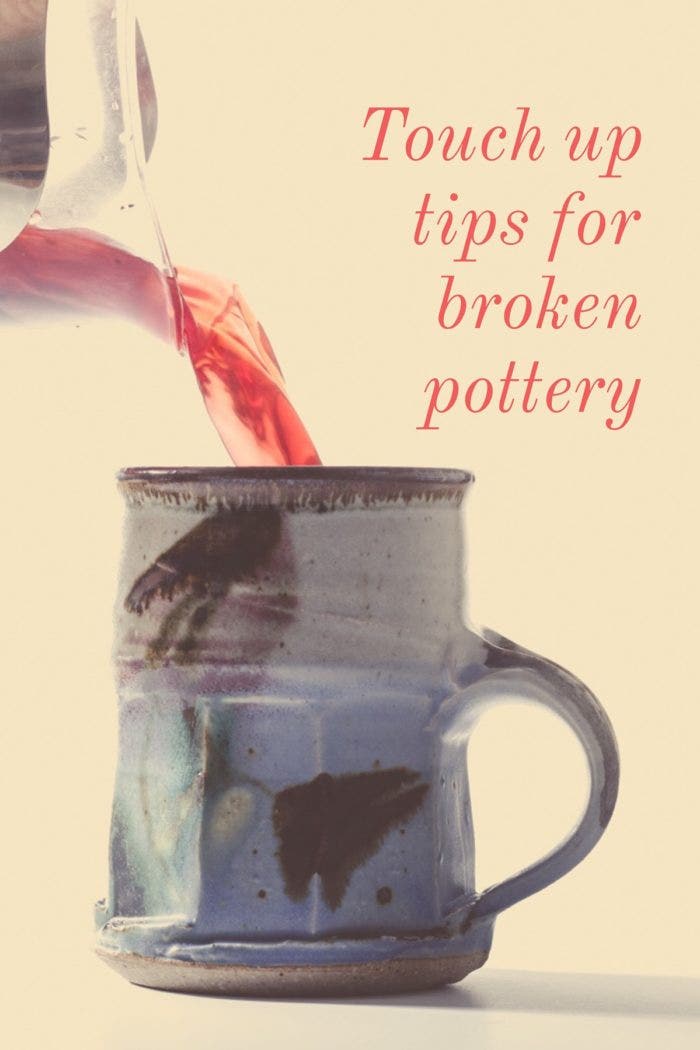 Red liquid being poured into a repaired mug with the text reading "Touch up tips for broken pottery".