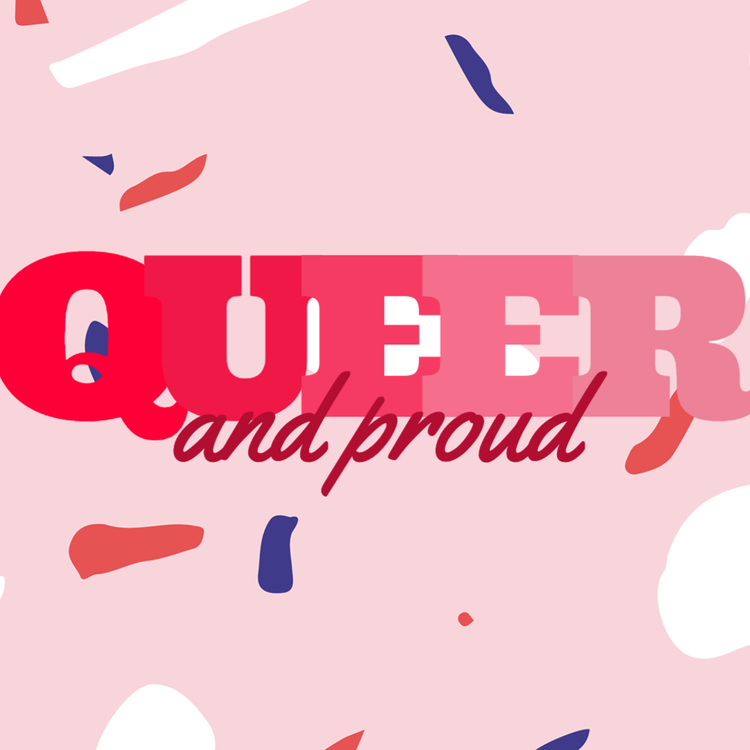 "Queer and proud" in pink lettering against a neutral background