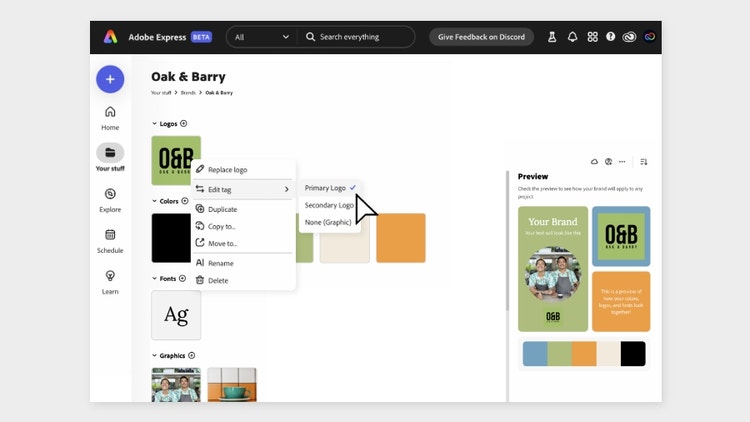 The dropdown menu from the “Edit tag” option shows primary and secondary tags || step1_Create-a-brand-kit-from-scratch-or-from-an-existing-Library_900x506.jpg